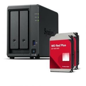 Synology DS725+ 16 To Western Digital (WD Red Plus 2 x 8 To) Série 2 Bay Plus avec Ryzen R1600, 4 Go de RAM (32 Go max), 1 x 2,5 GbE, 1 x 1 GbE, 2 x emplacements M.2 NVMe (AGEM CZ, neuf)