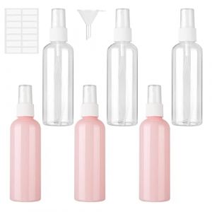 Ysimple 6 Pièces Flacon Spray Vide 100ml,Flacon Vaporisateur Vide,Plastique Pulverisateur Voyage avec 2 Entonnoirs et 1 Etiquettes,pour Lotion,Parfum,Shampoing(3 Transparents+3 Roses) (yuefuq, neuf)