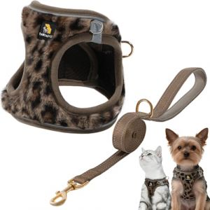 BELLA & PAL Harnais pour Petit Chien avec Laisse Corde, Anti-Traction pour Chiots Ajustable sans &eacute;tranglement, en Peluche Douce, R&eacute;fl&eacute;chissant et Confortable, Marron L&eacute;opard, M (BELLA & PAL, neuf)