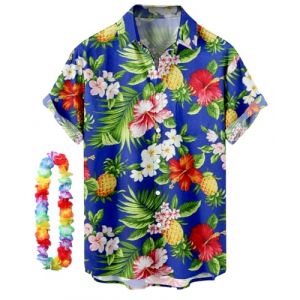 CIZEUR Chemise hawa&iuml;enne Homme Imprim&eacute;e &agrave; Manches Courtes Color&eacute;es- Fleurs -Ananas -Coco-Flamants Roses，L Bleu Saphir-Fleurs (Cizeu, neuf)