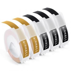 Lot de 5 rouleaux de ruban adh&eacute;sif 3D en plastique compatible avec les &eacute;tiqueteuses &agrave; gaufrer Omega Junior 9 mm, 2 x dor&eacute;/3 x noir, compatible avec les &eacute;tiqueteuses de gaufrage DYMO Omega Junior (AIRMALL, neuf)
