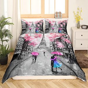 Tour Eiffel Parure de Lit 140x200cm Romantique Paris Th&egrave;me Parure Housse de Couette Couple Femme Chambre D&eacute;coratif Paris Cityscape Imprim&eacute; Housse de Couette Moderne Style Fran&ccedil;ais Color&eacute; 2Pcs (Bofanshangmao, neuf)