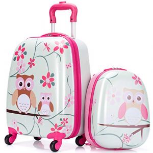 COSTWAY Valise Enfants &agrave; roulettes 16&rsquo;&rsquo; & Sac &agrave; Dos 12&rsquo;&rsquo; avec Poign&eacute;e T&eacute;lescopique, Bagage Enfants avec Motif Hibou, 4 Roues Rotatives, Lot de 2 Valise pour Fille Gar&ccedil;on (FDS GmbH, neuf)