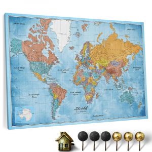 CANVASCALE Carte du monde en toile avec tableau d'affichage en liège - Labels en anglais - Décoration murale décorative pour toutes les pièces - Tableaux sur toile (150x100 cm, Motif 10) (canvascale_maps, neuf)