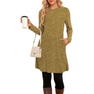 SENBATU Robe Pull Femme Hiver Dames &agrave; Manches Longues Robe Noel Femme Robe Tunique Boutons lat&eacute;raux avec Poches Uni Jaune XX-Large (SENBATU NARRAME-FR, neuf)