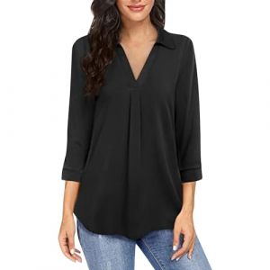 Chemisier Femme Chic et &eacute;L&eacute;gant, Chemisier en Mousseline de Soie pour Femme - Manches Longues en Mousseline de Soie - Col en V - Couleur Unie - Chic et &eacute;l&eacute;gant,Noir,XXL,F259S (Routefuture, neuf)