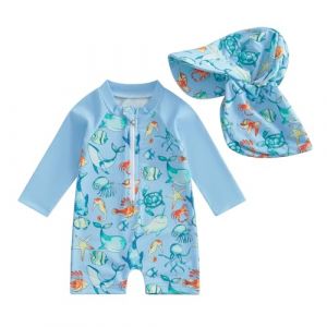 Loalirando Maillot de Bain Enfant B&eacute;b&eacute; Gar&ccedil;on de 2 Pi&egrave;ces Anti-UV, Combinaison Zipp&eacute; &agrave; Manches Longues Imprim&eacute; + Chapeau &agrave; Large Bord (Bleu Ciel, 2-3 Years) (Biu-clothing, neuf)