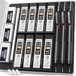 Nicpro Ensemble de porte-mines en m&eacute;tal 0,9 mm avec &eacute;tui, 3 crayons &agrave; dessin MP1000 de 0,9 mm, 8 tubes de mine HB, 3 gommes, recharges de gommes pour l'&eacute;criture, le dessin, les croquis (NicproShop EU, neuf)