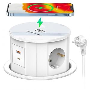 Prise Encastrable Plan de Travail 3 Prises, Multiprise Electrique USB C et USB A Ports, 15W Chargeur sans Fil, Parasurtenseur Parafoudre pour Les Cuisines Bureaux Chambres Salle de Réunion (YILONGEU, neuf)