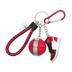 Porte-clés en forme de chaussure 3D avec mini ballon de basket et cordon, porte-clés élégant pour les fans de basket-ball, cadeau pour enfants, hommes et femmes, noir/rouge, M (FuYingMen Store, neuf)