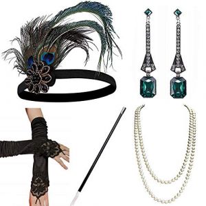 E EBETA Année 20 Accessoires Gatsby Costume Bandeau Collier Perles des Boucles d'oreilles Gants Porte Cigarette Charleston Accessories 1920 Costume (Set-5) (Ebeta, neuf)