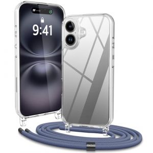 Vaykwo Cordon Coque pour iPhone 16 6,1'', Coque avec Tour de Cou R&eacute;glable pour iPhone 16, Protection Compl&egrave;te Transparente avec Tour de Cou, Bleu (Vaykwo FR, neuf)