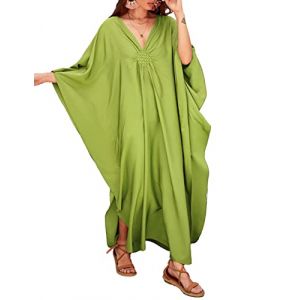Bsubseach Femme Longue Robe de Plage Eté Casual Caftan avec Col en V et Manches Chauve-Souris Djellaba Grande Taille Kaftan Cache-Maillot Maxi Kimono Vert Clair (Bsubseach-EU, neuf)