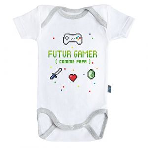 Baby Geek Futur Gamer comme Papa - Body B&eacute;b&eacute; Manches Courtes - Coton - Blanc - Coutures Grises (12-18 Mois) (MadMoon, neuf)