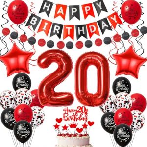 ballon décoration 20 ans anniversaire Femme, décoration anniversaire 20 ans Femme ballon,Noir Rouge décoration 20 ans Femme anniversaire ballon décoration gâteau anniversaire 20 ans Femme déco (Crazy-M, neuf)