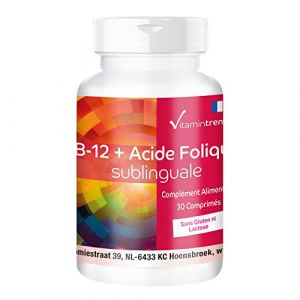 Vitamine B-12 + acide folique sublingual - 30 comprimés avec 500μg de vitamine B12, 100µg d'acide folique & acérola - dosage élevé - végétalien - suppléments d'Allemagne | Vitamintrend® (Vitamintrend, neuf)