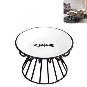Assiette sur&eacute;lev&eacute;e en c&eacute;ramique pour chat et chien avec support en m&eacute;tal - Anti-vomissements - Adapt&eacute;e aux moustaches - Gamelle peu profonde en c&eacute;ramique pour chat et chien (noir, assiette &agrave; poisson) (EHOTER D&eacute;cor, neuf)