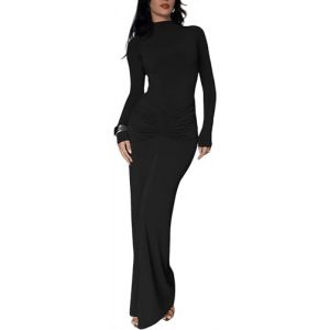 Sukiglam Robe Femme &Eacute;l&eacute;gante Maxi Robes Moulante Col Montant Manches Longues Sexy Slim Fronc&eacute;e Robe Longue Automne Hiver Tendance Robes Crayon de Soir&eacute;e Cocktail Clubbing Mariage Casual Streetwear (Sukiglam Store, neuf)