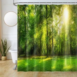 Uiiooazy Rideau Douche Anti Moisissure, Rideau de Douche 180x180cm Feuilles Vert Printemps Forêt Naturel Paysage Rideaux de Baignoire Tissu Lavable Imperméable Rideaux Salle de Bain avec 12 Crochets (dongguibinjingpinxiaodianpu, neuf)