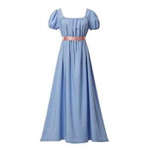 COSDREAMER Robe m&eacute;di&eacute;vale Victorienne Taille Haute r&eacute;tro r&eacute;gence pour Femme avec Ruban et Manches Bouffantes, Bleu Clair, 46 (SUPER JINSEN.EU-Shop, neuf)