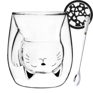 Arawat Tasse en verre pour chat - Cadeau pour femme - Tasse &agrave; caf&eacute; &agrave; double paroi avec anse - Tasse &agrave; th&eacute; - Tasse &agrave; expresso - Tasse &agrave; caf&eacute; avec cuill&egrave;re et soucoupe (TianMeng FR, neuf)