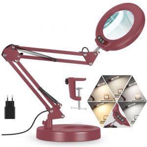 Veemagni 10X Lampe Loupe avec Lumi&egrave;re, 5 Modes de Couleur Gradation Continue 2 en 1 Lampe de Bureau et Pince, LED Loupe avec Lumi&egrave;re et Support pour Lecture, R&eacute;paration, Artisanat, Peinture- Rouge (Veemagni, neuf)