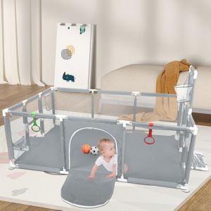 OHMG Parc Bébé,180*120cm,Modulable,Grand parc pour enfant en bas âge,Parc bebe pliable Parc pour bébé grande avec filet respirant et fermeture éclair,2 anneaux,Balles(Gris profond, B-180*120*66cm) (jusiZL, neuf)