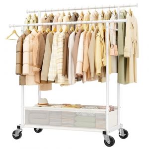 Klyvvo Portant a Vetement Solide &agrave; Roulettes avec Panier &agrave; Linge, 110KG Double Portant V&ecirc;tements Roulettes pour V&ecirc;tements, Pulls, Manteaux, Manteaux d'hiver, Porte-v&ecirc;tements, Solution d'urgence, Blanc (Klyvvo, neuf)
