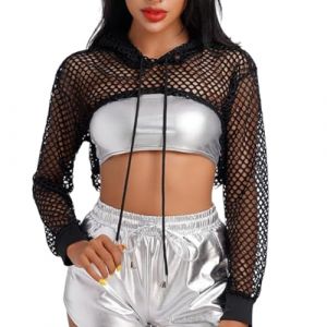 SamHeng Haut Court en Résille à Manches Longues pour Femme Chemisier Transparent en Maille Pull ouvert sur le Devant T-shirt Court pour Fête Club Plage Halloween(Noir/L) (QingPo, neuf)