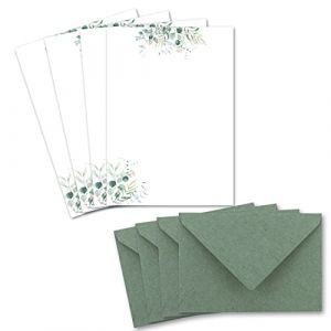 Gl&uuml;xx Agent Lot de 100 feuilles de papier &agrave; lettre naturel A5 cr&egrave;me avec motif branches d'eucalyptus et enveloppes C6 vert eucalyptus style vintage imprimable pour invitations de mariage (Gl&uuml;xx-Agent GmbH, neuf)