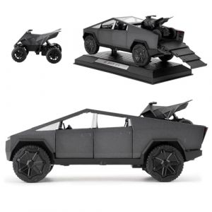 TGRCM-CZ Tesla Cybertruck 1/32 Voiture pick-up électrique avec une moto en alliage de zinc Pull Back avec son et lumière pour enfants, garçons et filles, cadeau (gris) (Tigercarmodel, neuf)