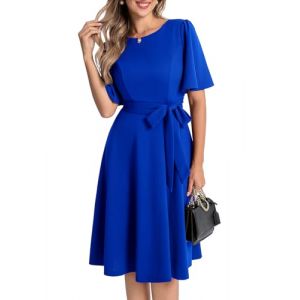 Bbonlinedress Robe Femme Chic et El&eacute;gant de Soir&eacute;e No&euml;l Midi pour Mari&eacute;e Cocktail Bal Promo Col Ronde Manches Courtes avec Ceinture Bleu Roi XL (Bbonlinedress, neuf)