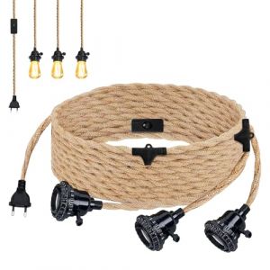 Douille de lampe E27 avec c&acirc;ble de lampe vintage, douille E27 avec c&acirc;ble de lampe de 6,8 m, corde de chanvre torsad&eacute;e avec lampe suspendue, 3 ampoules, douille de lampe avec interrupteur pour (IKSETERATA, neuf)