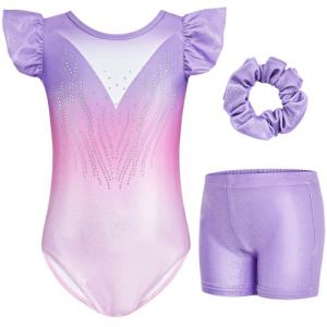 Gogokids Ensemble de Gymnastique à Manches Volantées pour Filles, 3 Pièces Justaucorps de Gymnastique pour Enfants avec Design à Paillettes Dégradées, Costumes de Gymnastique pour 9-10 Ans (KunTee, neuf)