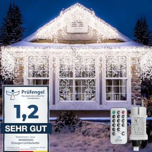 Guirlande lumineuse LED en plein air, WOWDSGN 20 m 880 LED Guirlande lumineuse avec minuterie 8 modes IP44 &eacute;tanche aliment&eacute; par l'&eacute;lectricit&eacute;, rideau lumineux de No&euml;l bord de toit goutti&egrave;re (3 Steine, neuf)