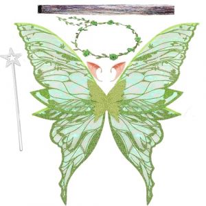 Jiahuade Ailes de F&eacute;e,Ailes de Papillon,Ailes de F&eacute;e Adulte, Oreilles d'Elfe,Bandeau de F&eacute;e Et Baguettes de F&eacute;e &Eacute;toile, Cosplay, F&ecirc;te d'anniversaire,Costume d'Aile pour Carnaval ou Soir&eacute;es (Vert) (Jiahuade, neuf)