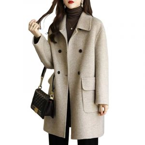 BININBOX Manteau en Laine Mi-long Femme Veste &Eacute;l&eacute;gant Moderne en Motif Chevrons Trench &agrave; Col Revers Coupe-Vent avec Grandes Poches(M,Beige &eacute;pais) (BININBOX-FR, neuf)