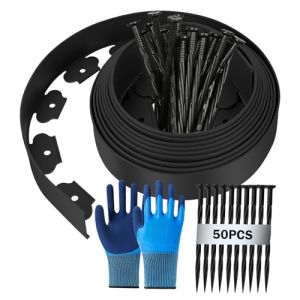 Bordure Jardin Exterieur, 10m (L) x 5cm (H) Bordure Pelouse Flexible en Plastique, Bordurette de Jardin Tonte, Garden Edging - avec 50 Piquet + 1 Paire Gants - Noir (BOFD-EU, neuf)