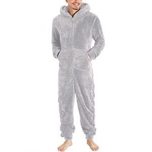 YOSUWOAI Combinaison en polaire pour homme - Pyjama une pi&egrave;ce moelleux et doux - Combinaison douillette et chaude - Pyjama confortable - Pyjama d'hiver long avec capuche, O gris., XXL (LDeianp, neuf)