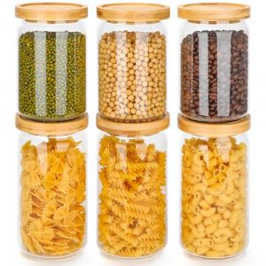 Avmvnvc Bocaux en Verre, 6 Bocal en Verre avec Couvercle en Bambou, Pot a Epices Transparent, Bocaux Verre Herm&eacute;tique 3x700ml + 3x900ml Boite Rangement Cuisine pour Spaghetti, Grains de Caf&eacute;, C&eacute;r&eacute;ales (Ezvsevuo, neuf)
