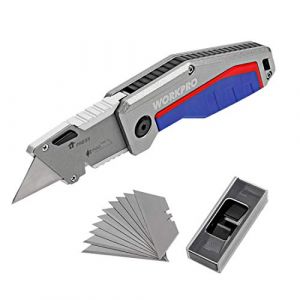 WORKPRO Cutter Utilitaire Couteau Pliant avec Mécanisme de Changement Rapide - Poignée en Alu Antidérapant, 10 Lames Supplémentaires Incluses (GreatStarTools, neuf)