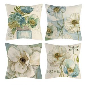 Vgzsyomqib Fleurs Bleu Vert Housse Coussin en Lin Lot de 4 Décoratif Fleuri Moderne Housses Coussin 40x40 Motif Nature Printemps Taie Oreiller Deco Interieur Lit Canapé Salon Exterieur (infinisage, neuf)