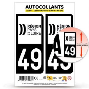 Autocollant Plaque Immatriculation 2 Stickers d&eacute;partement 49 Maine-et-Loire - Pays de la Loire II en Version Fond Noir : 11 x 4,6 cm (Grande Hauteur) (blasonimmat, neuf)