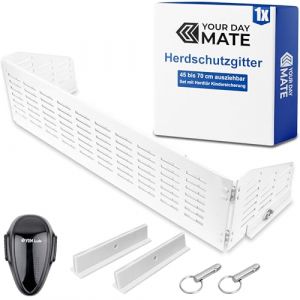 Grille de protection de la cuisinière Sécurité enfants, extensible de 45 à 70 cm, en blanc, set avec porte de four Sécurité bébé, grille protection de la cuisinière avec ailes latérales à charnières (spreewaelder-hofladen, neuf)