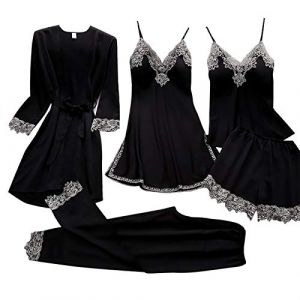 G&eacute;n&eacute;rique 5 Pi&egrave;ces Femme Sexy Chic Ensemble De V&ecirc;tements De Nuit en Satin Nuisette Dentelle Cami Chemise De Pyjama, Feminin Sensuelle Peignoir de Soie Chemisette De Nuit Ensemble De Lingerie (qieycgd, neuf)