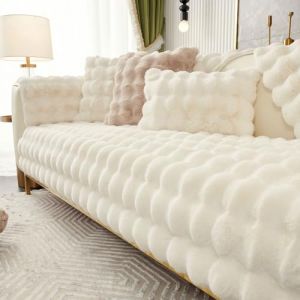 Housse de canapé en peluche - Housse de canapé antidérapante 1 2 3 places, housse de canapé en fausse fourrure de lapin, housse de canapé duveteuse, housse de canapé en forme de L (Beige, 90x120) (HTDirect Store, neuf)