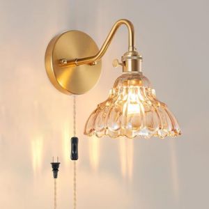 LOGT Applique Murale Vintage avec Interrupteur et Prise, Abat-jour en Verre Dor&eacute; Lampe Murale Laiton R&eacute;tro Lampe de Chevet avec C&acirc;ble et Interrupteur Applique Murale Fleur Luminaire Industriel (LOGT, neuf)