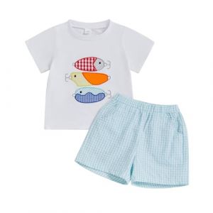 Loalirando Ensemble Vêtement Enfant Bébé Garçon de 2 Pièces, T-Shirt à Manches Courte Brodé + Shorts à Rayures (0-4 ans) (Blanc Bleu, 4T) (Biu-clothing, neuf)