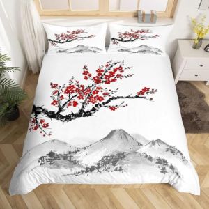 Homewish Housse de Couette 240 x 260 Japonaise, Sets de Housses de Couettes Imprim&eacute; de Fleurs de Cerisier Rouges, Parure de Lit Mont Fuji, Couvre-Lit &Agrave; Motif Peinture &Agrave; L'Encre Noir Blanc, 3 Pi&egrave;ces (Suzhou yiyanyun e-commerce Co., Ltd, neuf)