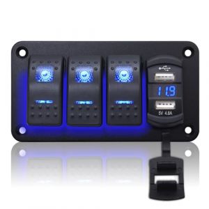 Geloo 3 Gang Panneau de Commutateur à Bascule étanche 12V/24V Marine Interrupteur avec 4,8A Dual-USB LED Voltmètre Interrupteur à Bascule pour Voiture Bateau Camion Camping-car (UKAUTO, neuf)